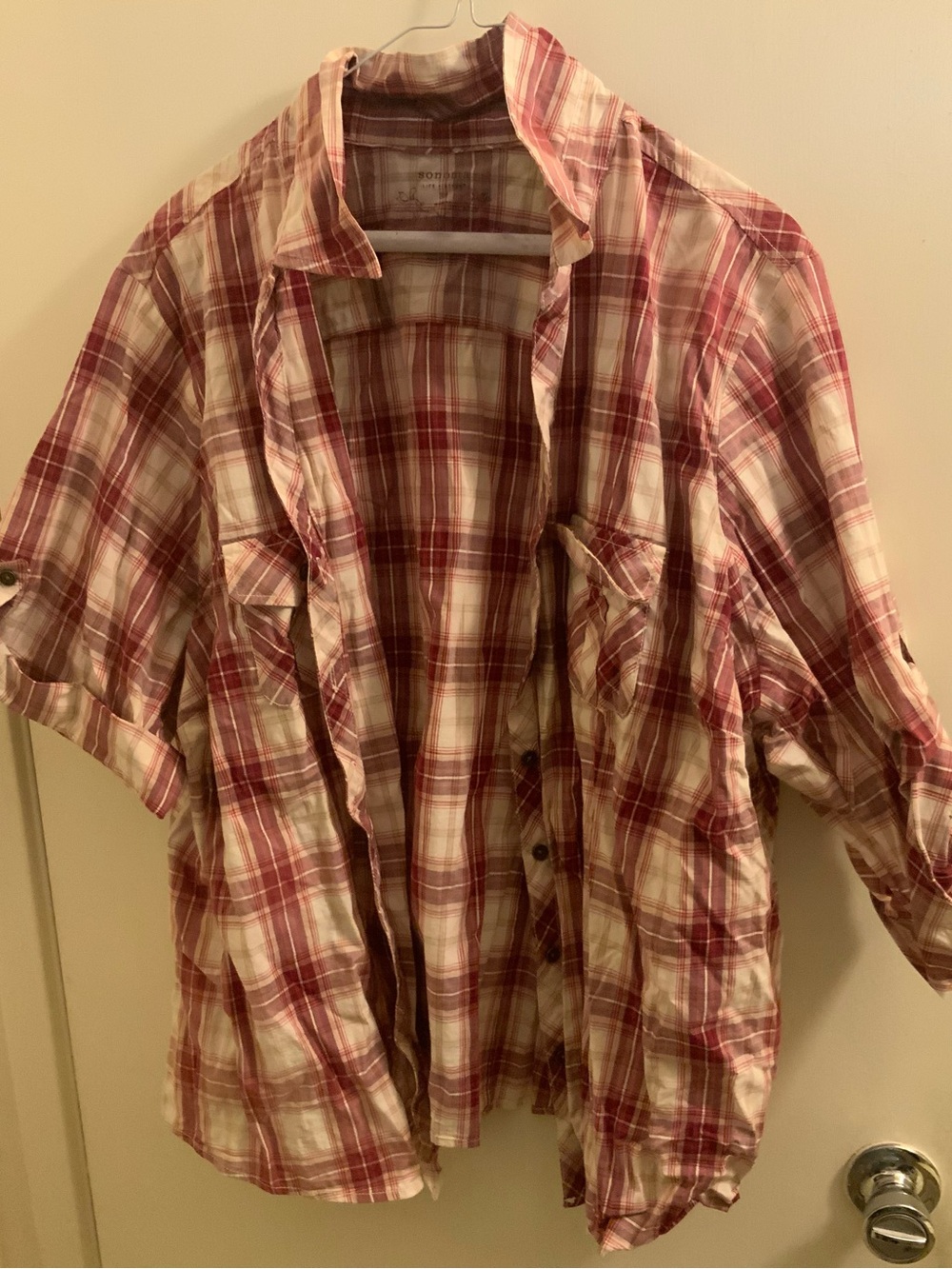 Sonoma Plus Size Red and White Short-Sleeve Plaid Button-Down Shirt